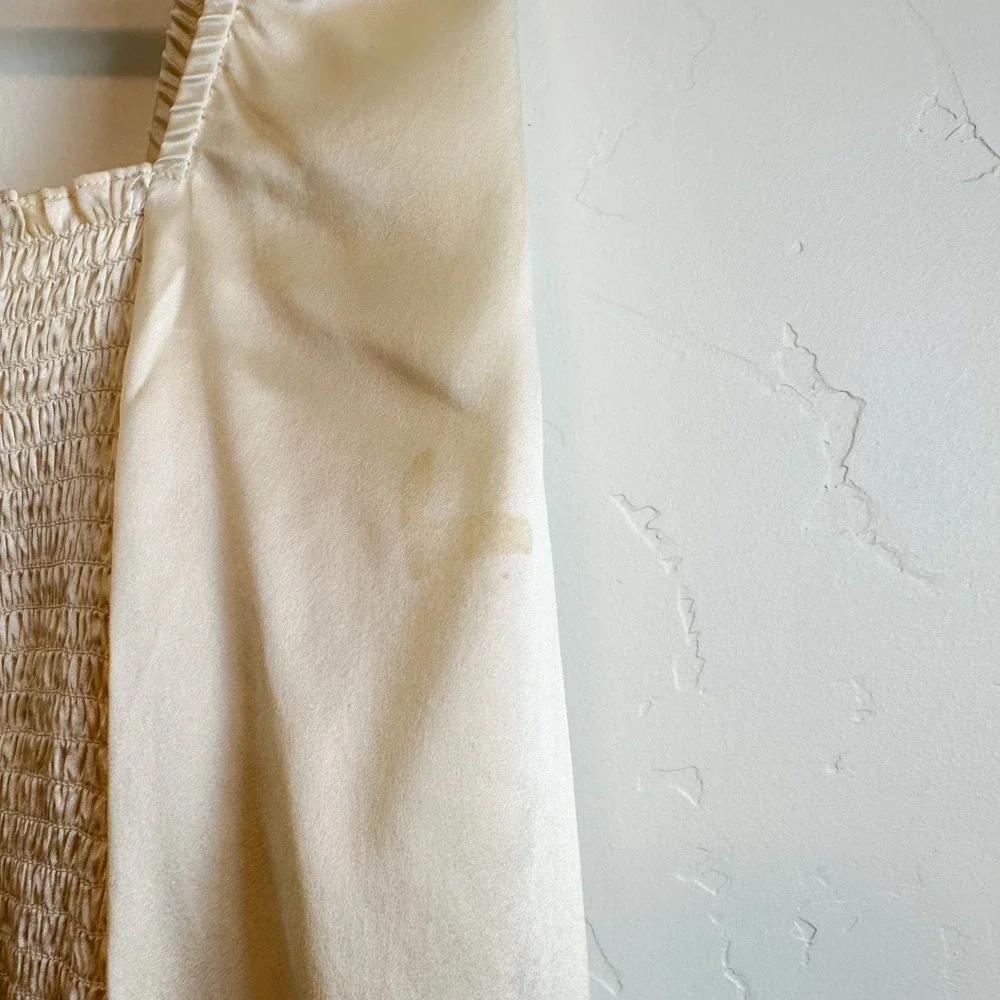 Reformation | Chamomile 100% Silk Smocked Satin Long Sleeve Top in Custard